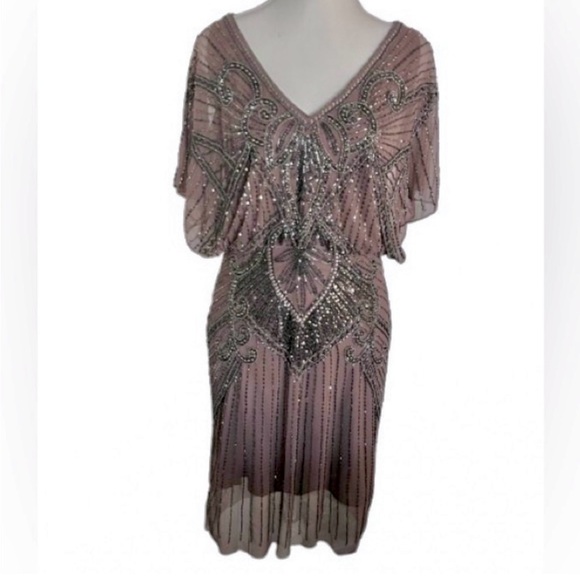 1920s Flapper Aidan Mattox 2 Tan Beaded Sheer Illusion Nude Designer Extra Smsll - Picture 10 of 12